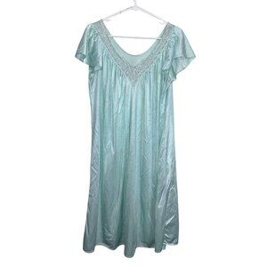 Light Blue Satin Nightgown With Embroidered Neckline & Flutter Sleeves - Size L